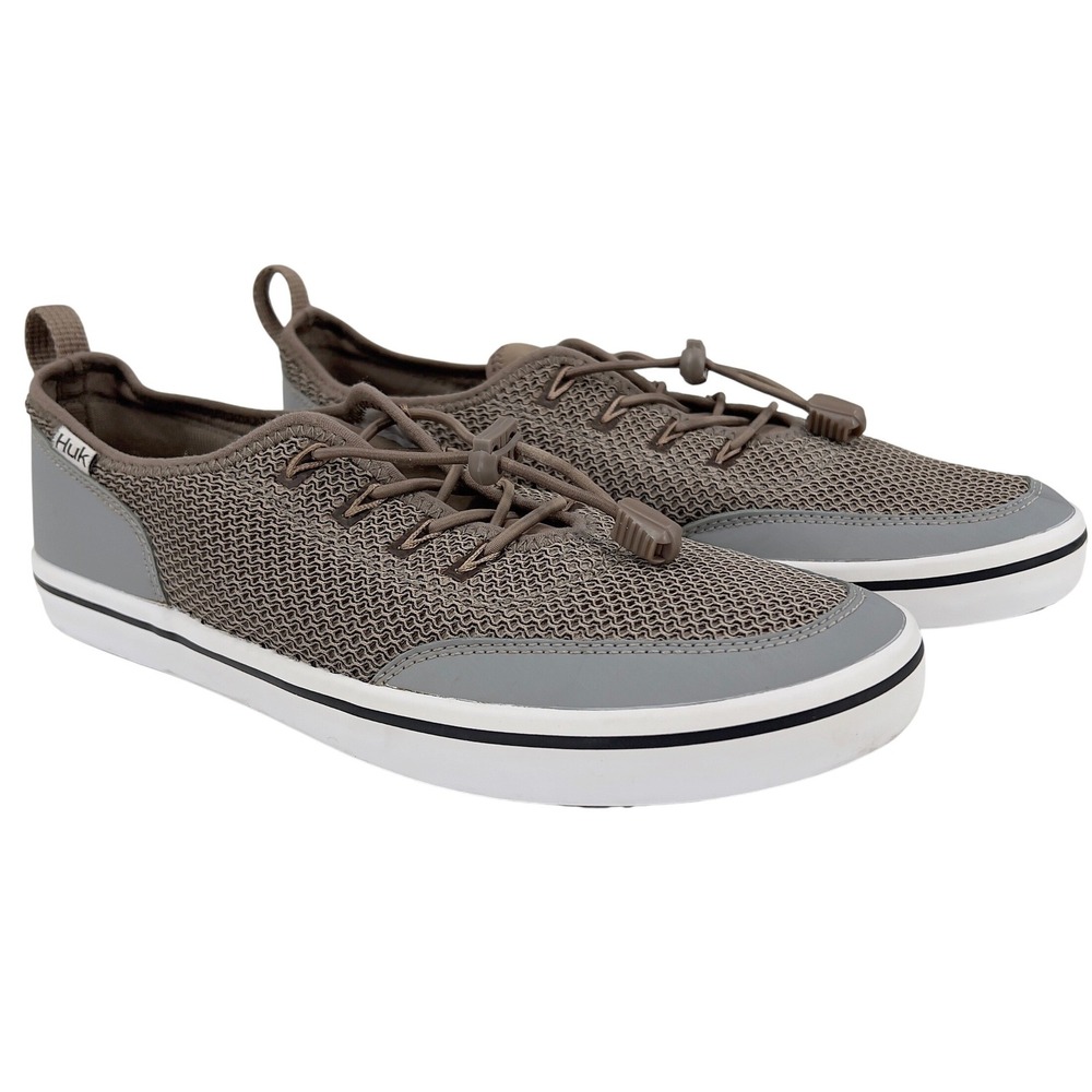Huk Brewster Mens Fishing Deck Shoe Brown Grey Mesh Bungee Lace Size 12 - Picture 2 of 7